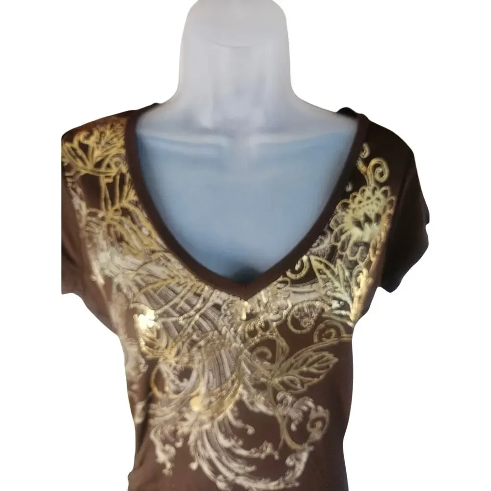 Cache Brown With  Gold Silver Print Bodycon Dress Sz M Stretchy V Neck - Picture 3 of 10